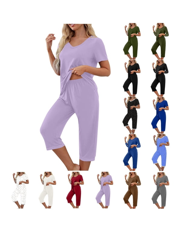 Women's V Neck Pajama Set Short Sleeve Shirt and Capri Pants 2 Piece Loose Fit Lounge PJs