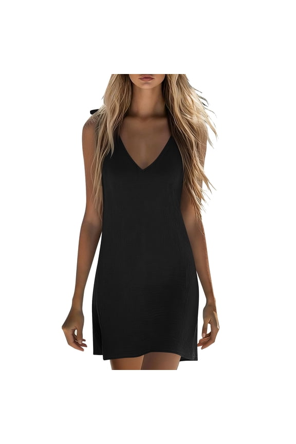 Women's V-Neck Sleeveless Mini Dress Casual Loose Fit Summer Slip Dresses Soft Knit Cami Dress