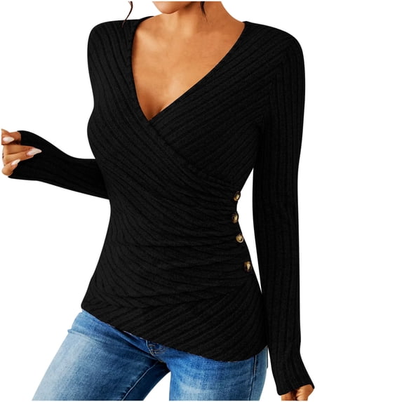GUACER Women's V-Neck Wrap Sweaters Casual Loose Fit Long Sleeve Ribbed Knit Shirts for Fall Layering