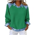 thumbnail image 1 of GUACER Women's Waffle Knit Long Sleeve Tops Denim Collar Contrast Trim Loose Fit Casual Everyday Wears, 1 of 5