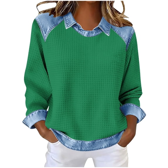 GUACER Women's Waffle Knit Long Sleeve Tops Denim Collar Contrast Trim Loose Fit Casual Everyday Wears