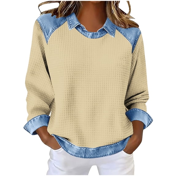 GUACER Women's Waffle Knit Long Sleeve Tops Denim Collar Contrast Trim Loose Fit Casual Everyday Wears
