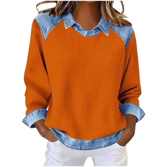 GUACER Women's Waffle Knit Long Sleeve Tops Denim Collar Contrast Trim Loose Fit Casual Everyday Wears