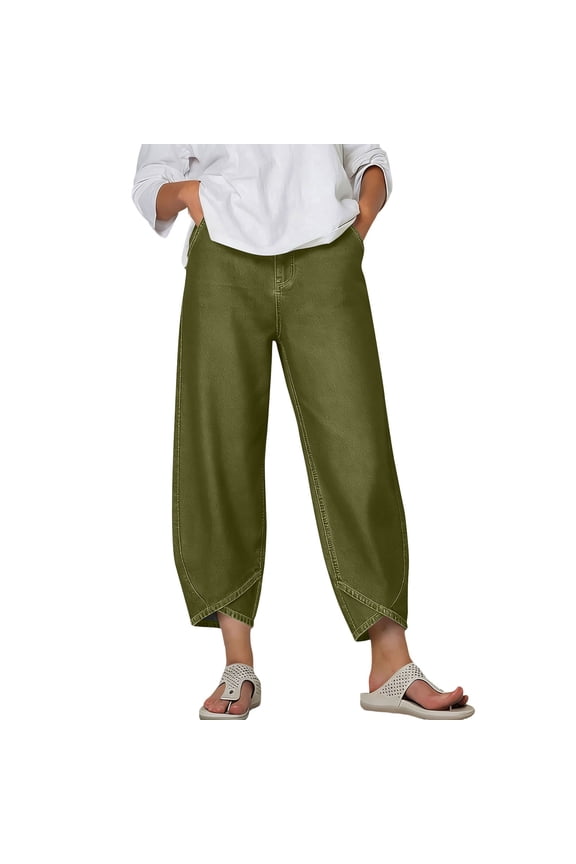 Women's Wide Leg Pants Solid Pockets Crisscross Hem Loose Denim Style Casual Summer Cropped Pants