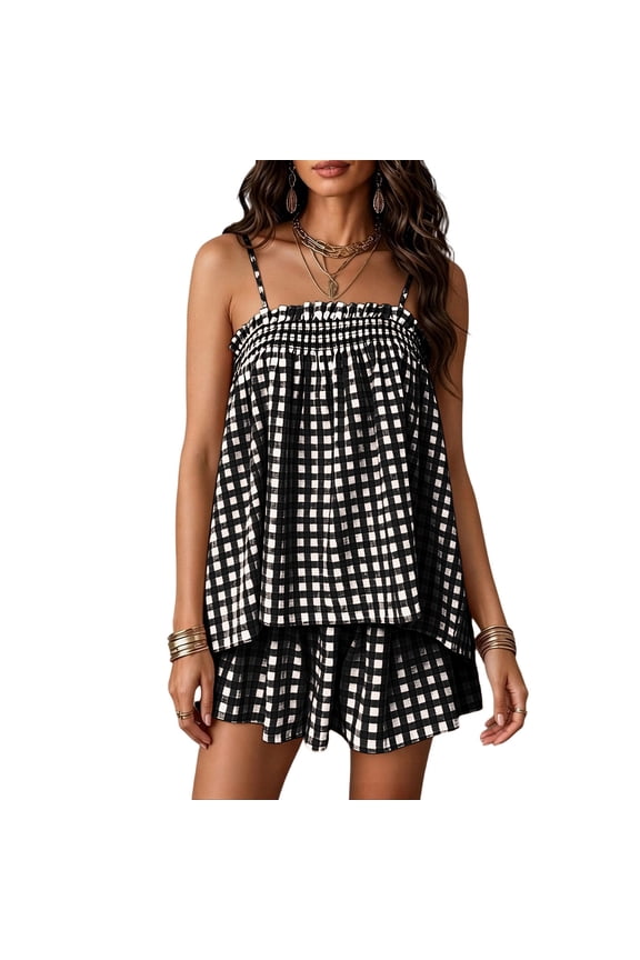Womens 2 Piece Outfits Gingham Spaghetti Strap Sleep Top and Shorts Pajama Sets Summer Casual Clothes