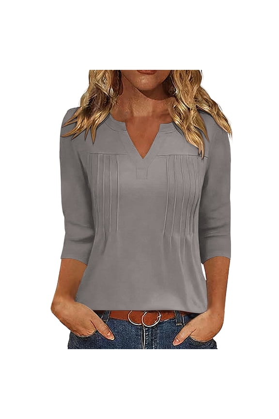Womens 3/4 Sleeve Tops Casual Pintuck V Neck Relaxed Fit Blouses Trendy Tops for Ladies