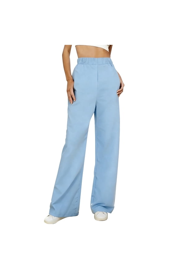 Womens Baggy Pants Casual Solid Color Elastic High Waisted with Pockets Twill Wide Leg Pants