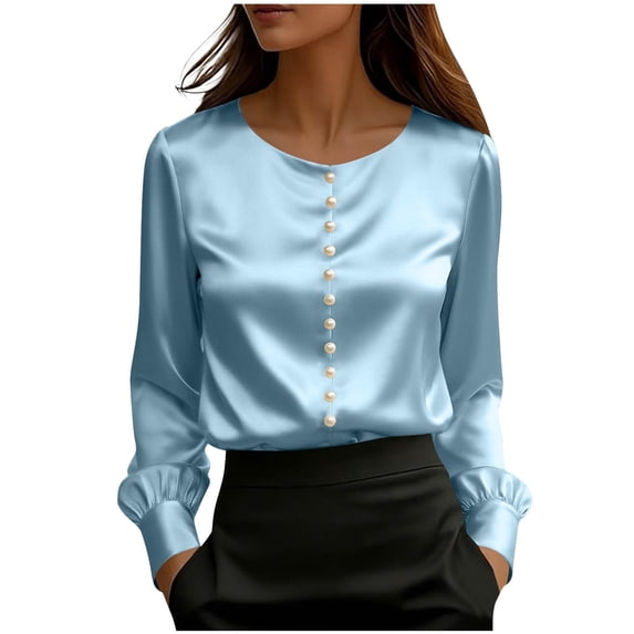 GUACER Womens Business Long Sleeve Tops Fashion Satin Round Neck Pearl Button Breathable Loose Office Blouses