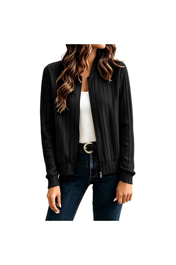 Womens Cardigan Jackets Casual Ribbed Knit Long Sleeve Zip Up Lightweight Outerwear