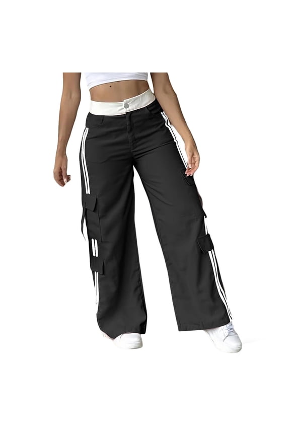 Womens Cargo Pants Contrast Waistband Side Stripes Cargo Pockets Breathable Casual Streetwear Wide Leg Trousers