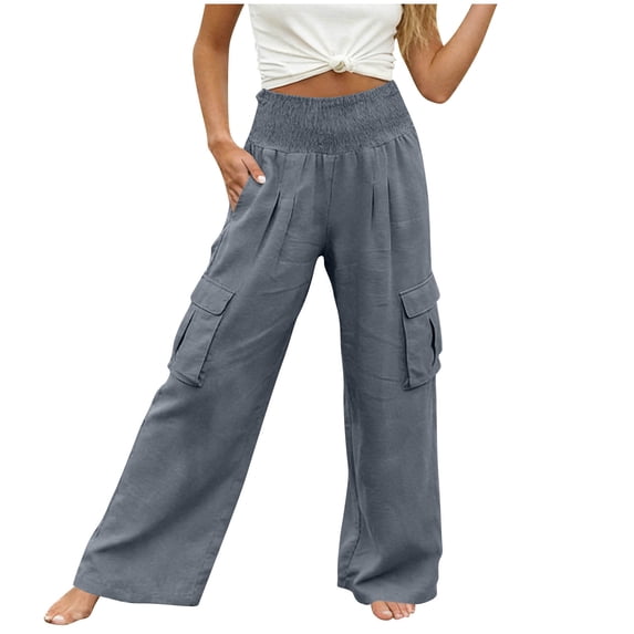 GUACER Womens Cargo Pants Smocked High Waist Wide Leg Trousers with Flap Pockets Outdoor Casual Loose Pants