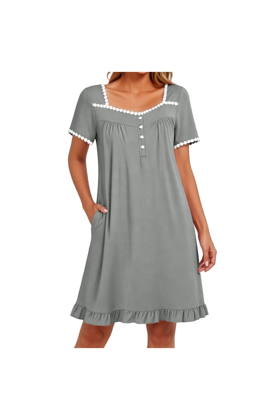 Womens Casual House Dress with Pockets Short Sleeve Soft Lace Trim Henley Nightgown & Lounge Dress
