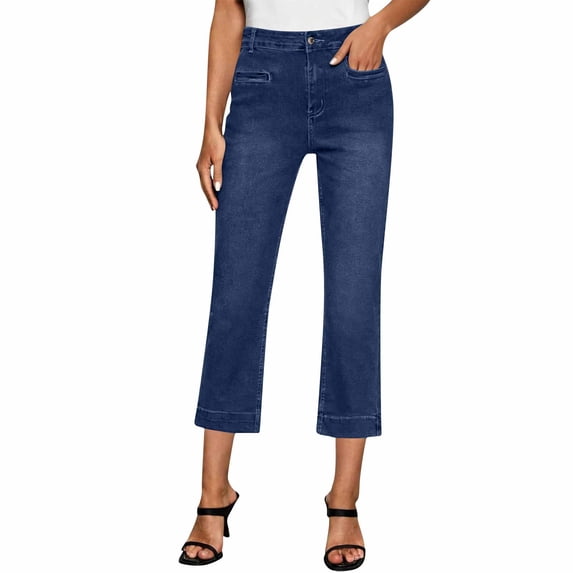 GUACER Womens Casual Jeans High Waist Pockets Button Loose Fashion Flare Cropped Denim Pants