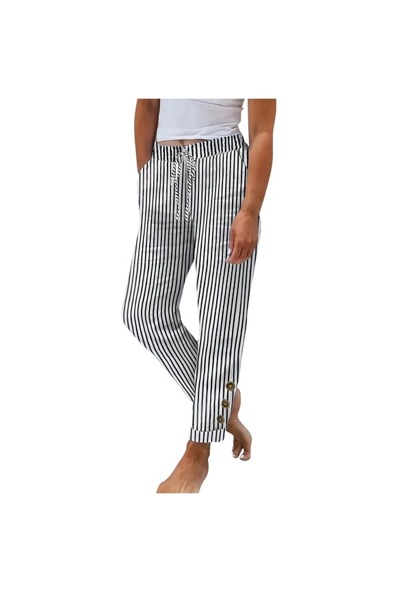 Womens Casual Pants Striped Design Drawstring Waist Side Pockets Button Cuffs Breathable Relaxed Tapered Fit Long Trousers
