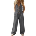 thumbnail image 1 of GUACER Womens Cotton Linen Jumpsuits Sleeveless V Neck Button Front Wide Leg Rompers Patch Pockets Baggy Overalls Summer, 1 of 6