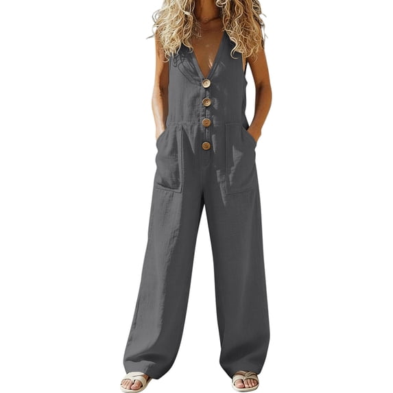 GUACER Womens Cotton Linen Jumpsuits Sleeveless V Neck Button Front Wide Leg Rompers Patch Pockets Baggy Overalls Summer
