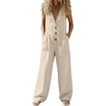 thumbnail image 1 of GUACER Womens Cotton Linen Jumpsuits Sleeveless V Neck Button Front Wide Leg Rompers Patch Pockets Baggy Overalls Summer, 1 of 6