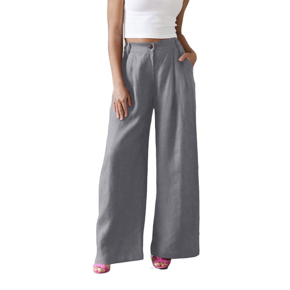 GUACER Womens Cotton Linen Palazzo Pants High Waisted Button with Pockets Wide Leg Trousers Casual Summer Slacks