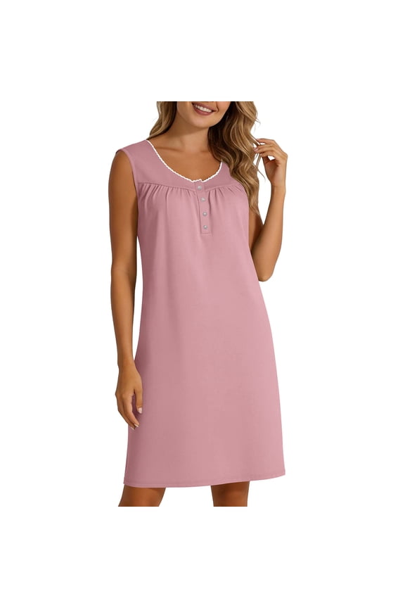 Womens Cotton Nightgowns Comfy Sleeveless Tank Lace Button Sleep Dresses with Pockets House Dress