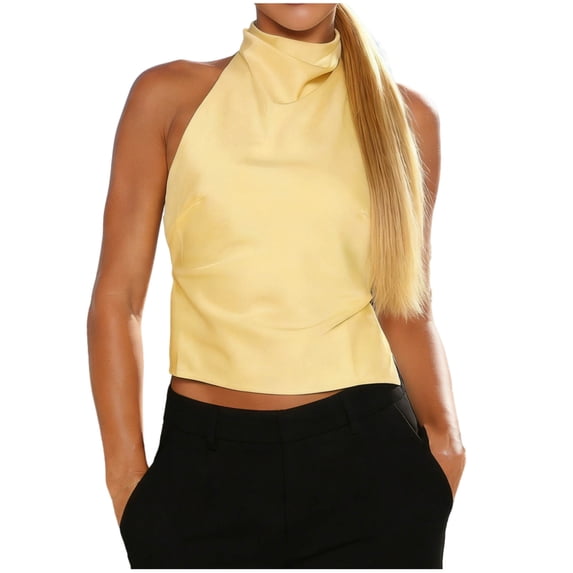 GUACER Womens Crop Tank Tops Fashion Satin High Halter Neck Backless Loose Sleeveless Blouses Party Shirts