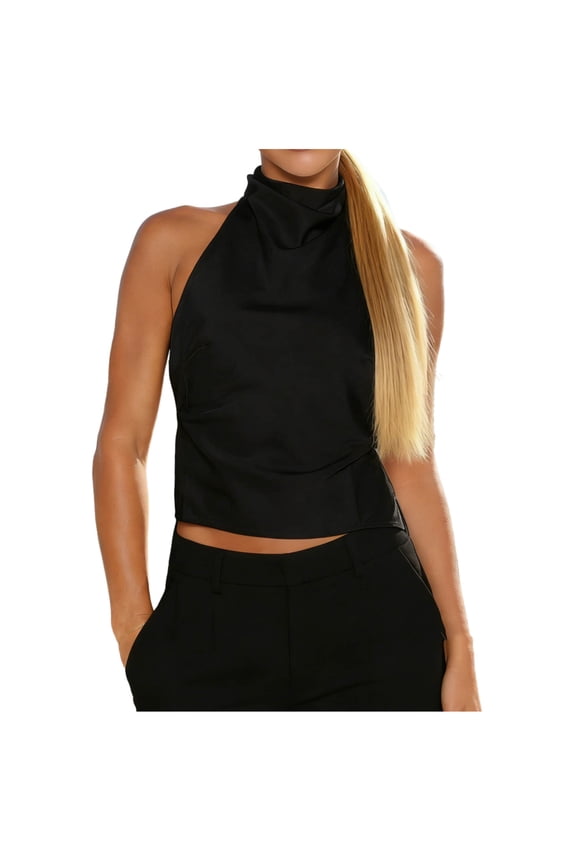 Womens Crop Tank Tops Fashion Satin High Halter Neck Backless Loose Sleeveless Blouses Party Shirts