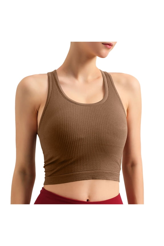 Womens Crop Tops Crew Neck Wide Straps Ribbed Fabric Built in Pads Cropped Length Stretchy Breathable Slim Fit Tank Tops