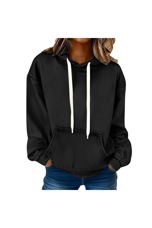 Womens Faux Denim Pullover Hoodies Trendy Long Sleeve Sweatshirt with Kangaroo Pocket for Casual Fall