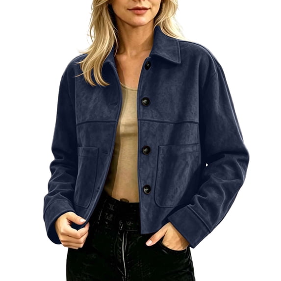 GUACER Womens Faux Suede Jackets Trendy Button Down Collared Shacket Casual Lightweight Cropped Jackets with Pockets