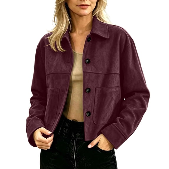 GUACER Womens Faux Suede Jackets Trendy Button Down Collared Shacket Casual Lightweight Cropped Jackets with Pockets