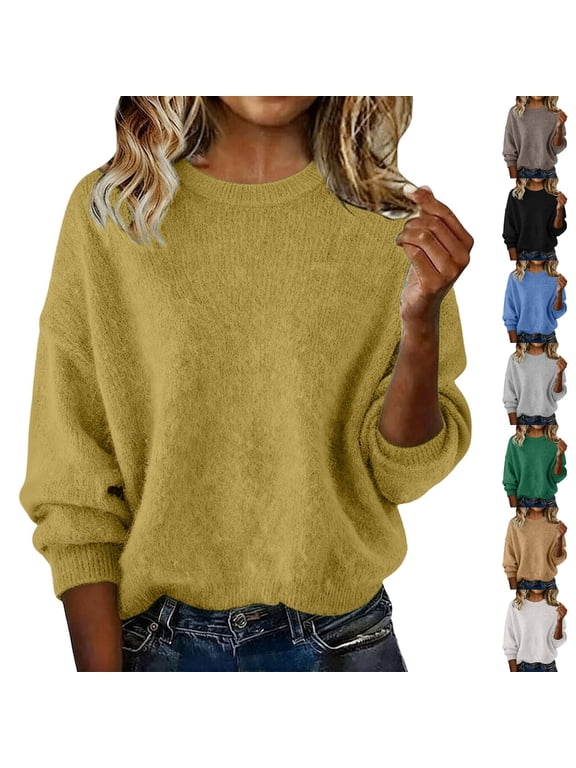 Womens Fuzzy Crewneck Pullover Sweaters Soft Oversized Knit Long Sleeve Tops for Fall Winter Casual & Cozy Layering