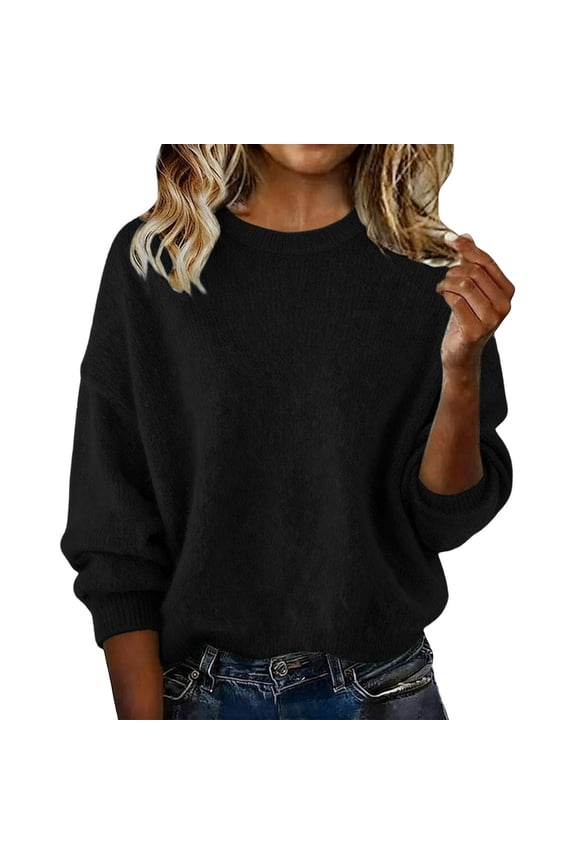 Womens Fuzzy Crewneck Pullover Sweaters Soft Oversized Knit Long Sleeve Tops for Fall Winter Casual & Cozy Layering