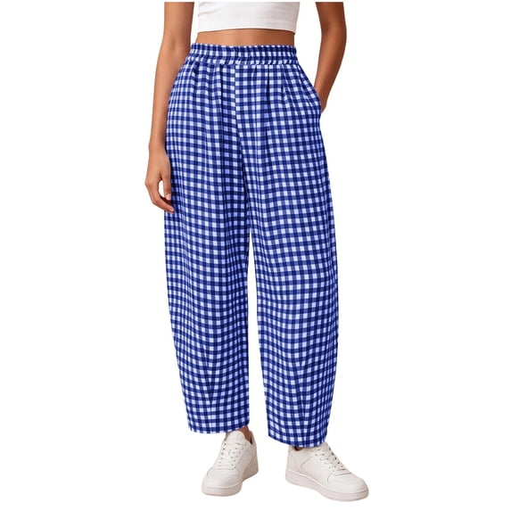 GUACER Womens Gingham Check Wide Leg Pants Elastic Waist Drawstring Casual Lounge Trousers Pockets