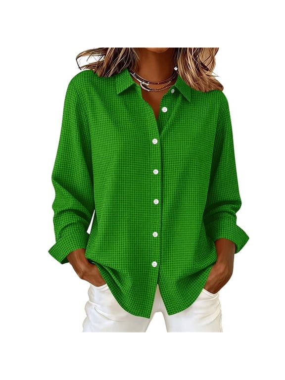 Womens Gingham Long Sleeve Blouses Trendy Button Up Collared Shirts Lightweight Casual Tops