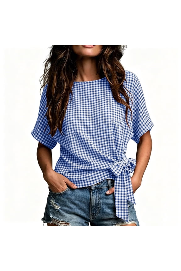 Womens Gingham Short Sleeve Tops Casual Summer Side-Tie Relaxed Fit Crew Neck Blouses