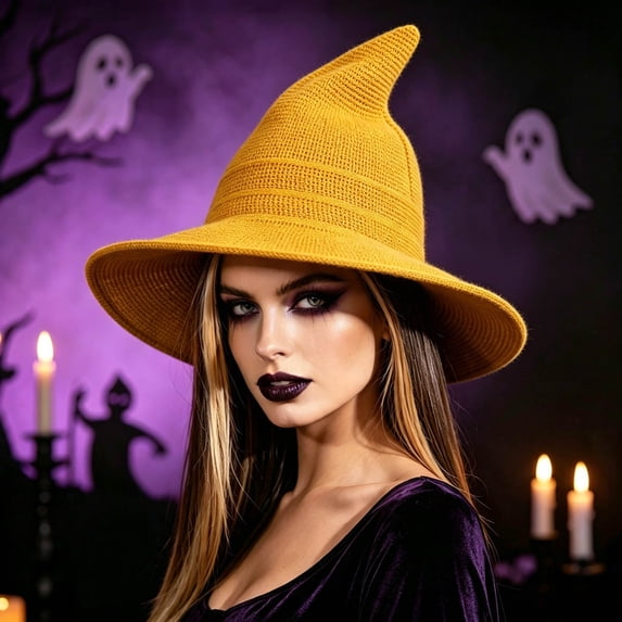 GUACER Womens Halloween Witch Wool Hats Wide Brim Spire Knitted Caps for Party & Daily