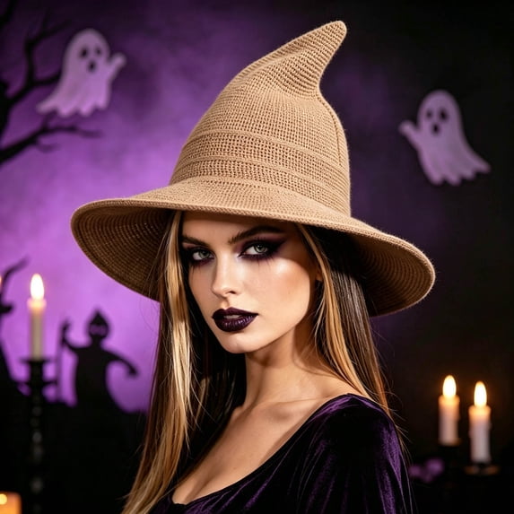 GUACER Womens Halloween Witch Wool Hats Wide Brim Spire Knitted Caps for Party & Daily