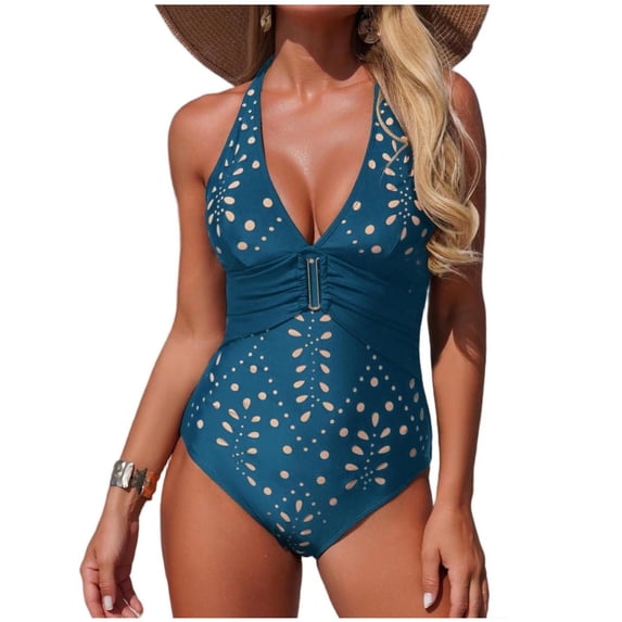 GUACER Womens Halter One Piece Bathingsuits V Neck Ruched Front Metal Buckle Cutout Tummy Control with Removable Padded Cups Swimsuits