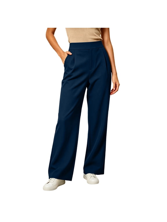 Womens High Waist Wide Leg Dress Pants Stretch Pleated Work Trousers Fleece Lined Winter