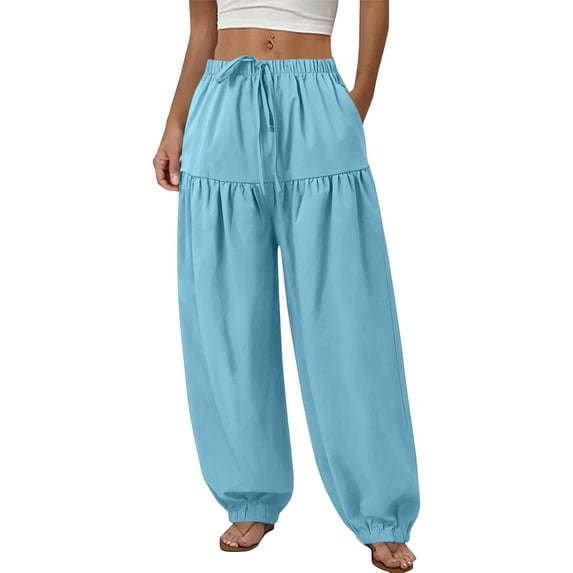 GUACER Womens Jogger Pants Casual Baggy Drawstring Pockets Cotton Linen Pleated Elastic Waisted Sweatpants