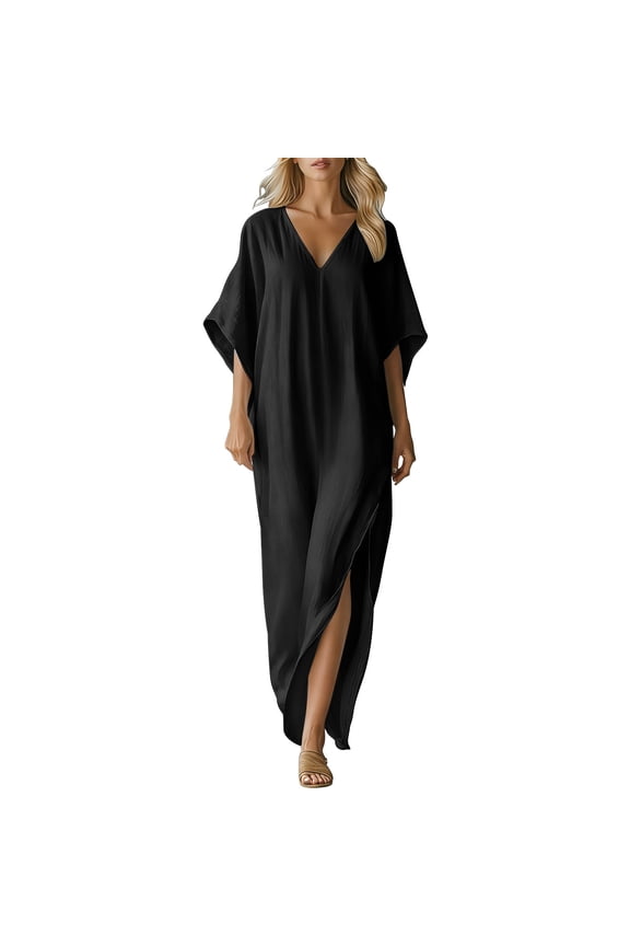 Womens Kaftan Maxi Dress Fashion Cotton Linen V Neck Boho Long Dress with Side Slit Loose Fit Beach Coverups