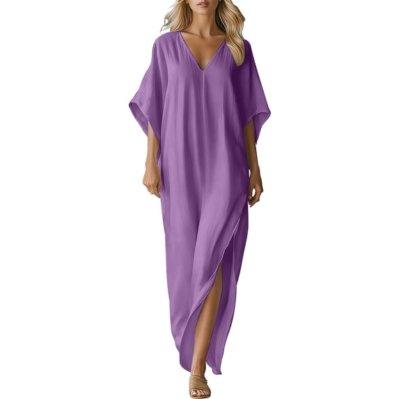 GUACER Womens Kaftan Maxi Dress Fashion Cotton Linen V Neck Boho Long Dress with Side Slit Loose Fit Beach Coverups