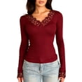 thumbnail image 1 of GUACER Womens Lace Trim V-Neck Long Sleeve Tops - Slim Fit Ribbed Knit Blouse for Layering & Everyday Wear, 1 of 6