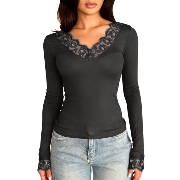 GUACER Womens Lace Trim V-Neck Long Sleeve Tops - Slim Fit Ribbed Knit Blouse for Layering & Everyday Wear