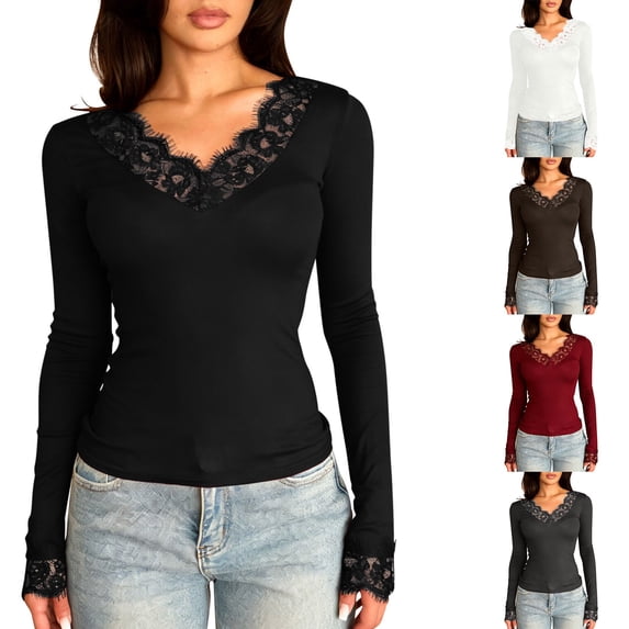GUACER Womens Lace Trim V-Neck Long Sleeve Tops - Slim Fit Ribbed Knit Blouse for Layering & Everyday Wear