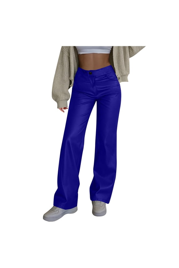 Womens Leather Pants Y2K PU Casual High Waist Wide Leg Pants with Pockets