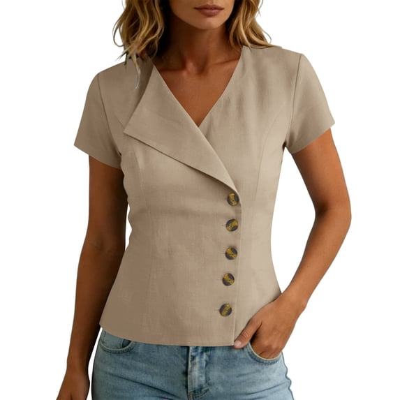 GUACER Womens Linen Cotton Short Sleeve Blouses Asymmetric Button Front V-Neck Tops for Casual Summer Shirts
