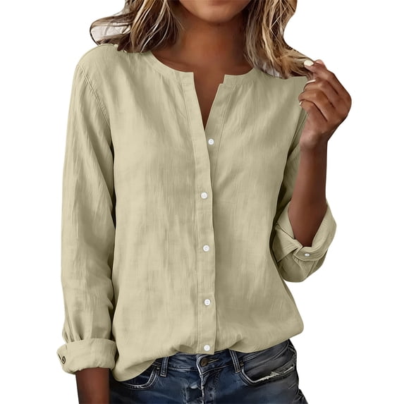 GUACER Womens Linen Long Sleeve Blouses Fashion Solid Button Down V Neck Loose Casual Spring Summer Outfits