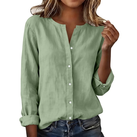GUACER Womens Linen Long Sleeve Blouses Fashion Solid Button Down V Neck Loose Casual Spring Summer Outfits