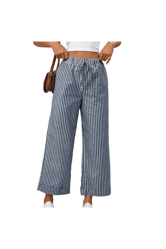 Womens Linen Pants Striped Design Drawstring Waist Cuffed Hem Breathable Casual Vacation Wide Leg Pants