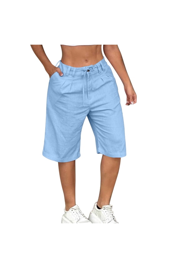 Womens Linen Shorts Casual Solid Pleated High Waisted with Pockets Wide Leg Shorts